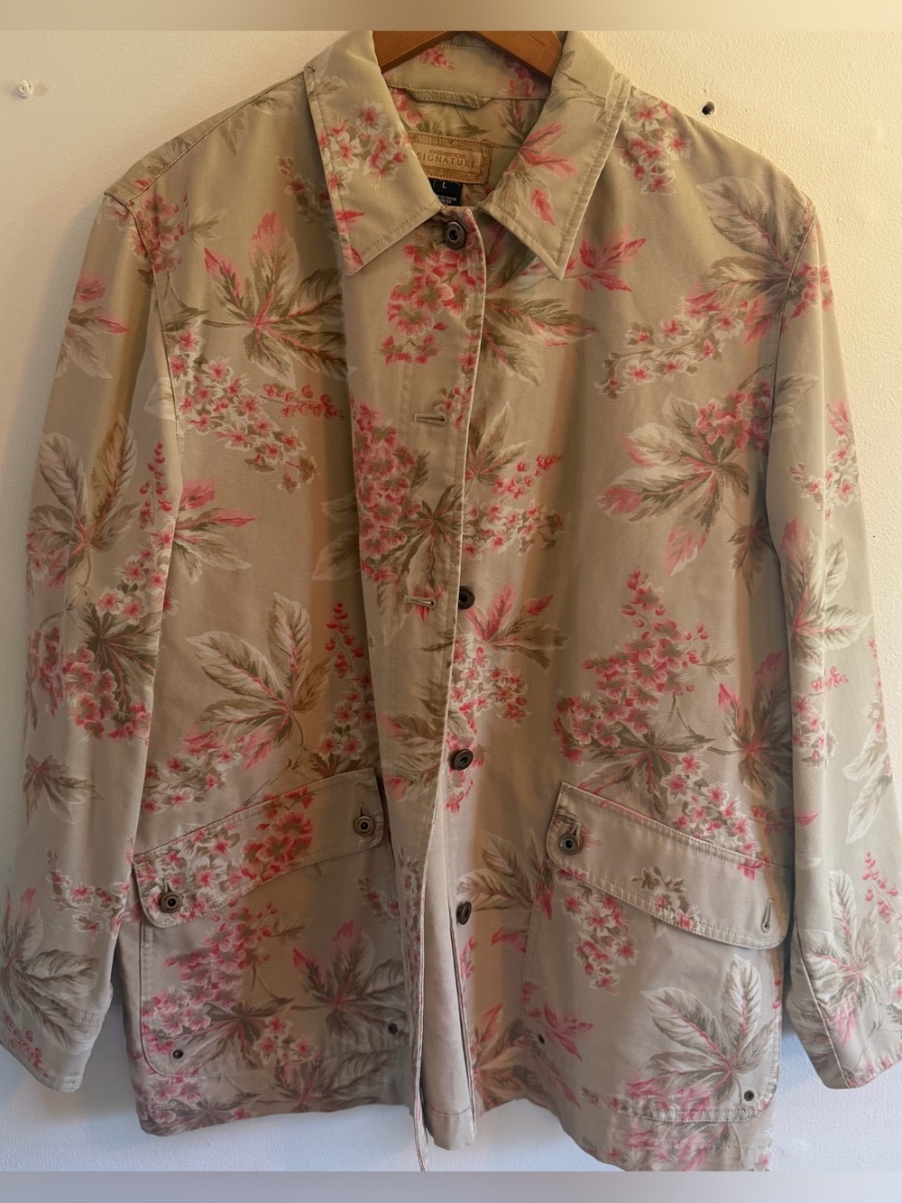 Jones New York Signature Beige Floral Button-Front Jacket with Pink Accents